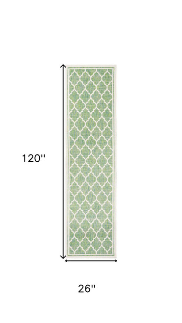 10' Cream And Green Geometric Indoor Outdoor Runner Rug