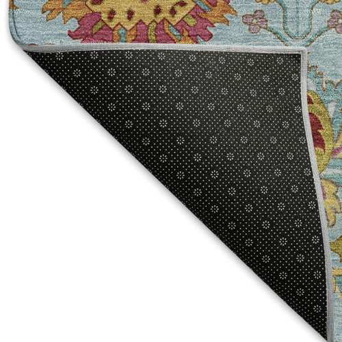 8' Sky Blue Gold And Pink Round Damask Washable Indoor Outdoor Area Rug