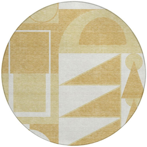 8' Gold And Wheat Round Geometric Washable Indoor Outdoor Area Rug