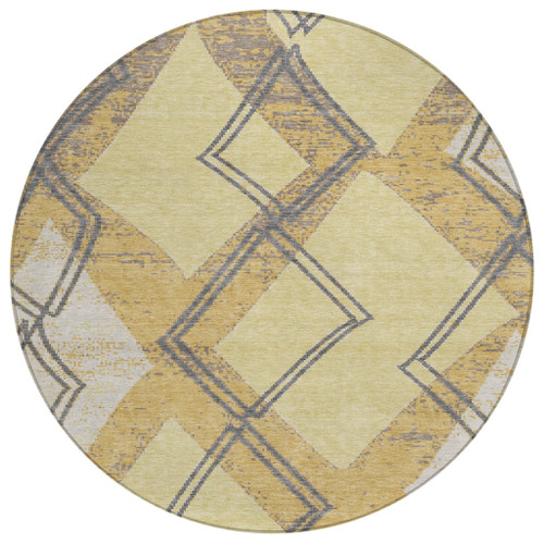 8' Wheat And Gold Round Geometric Washable Indoor Outdoor Area Rug