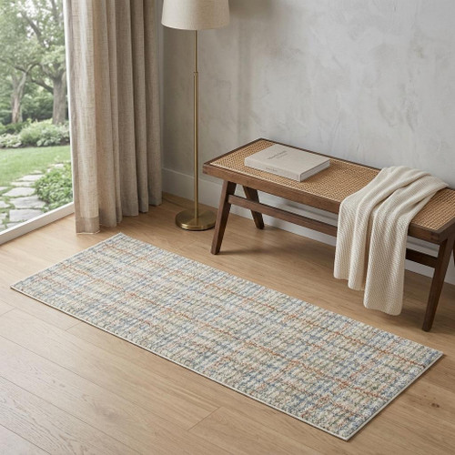7' Blue And Rust Plaid Runner Rug