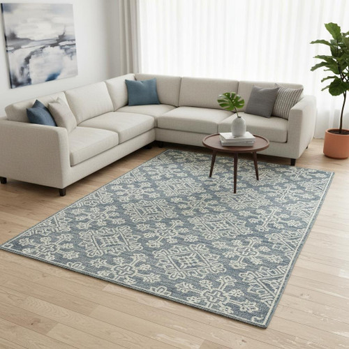 8' X 11' Sky Blue And Ivory Wool Geometric Hand Hooked Area Rug