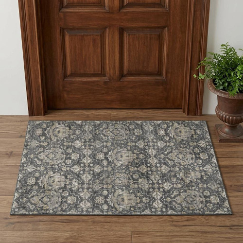 3' X 5' Graphite Ivory And Gold Floral Medallion Distressed Washable Area Rug With UV Protection