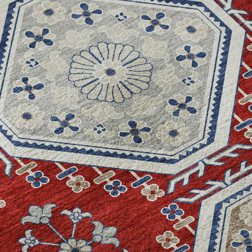 5' X 8' Red Navy Blue And Ivory Floral Washable Area Rug With UV Protection