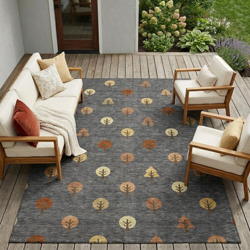 10' X 14' Charcoal And Orange Geometric Washable Indoor Outdoor Area Rug
