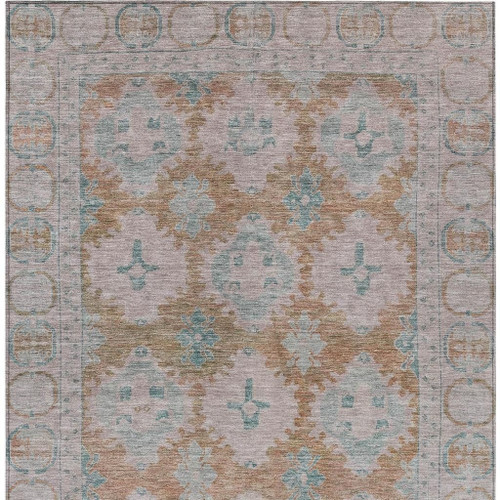 8' X 10' Terra Cotta And Teal Blue Damask Washable Indoor Outdoor Area Rug