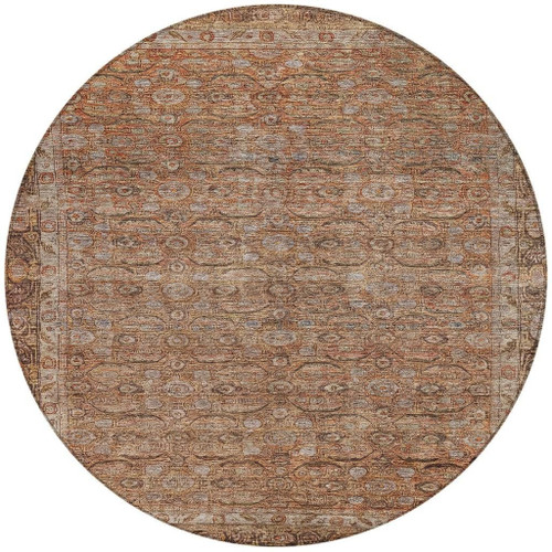 8' Copper And Peach Round Floral Washable Indoor Outdoor Area Rug