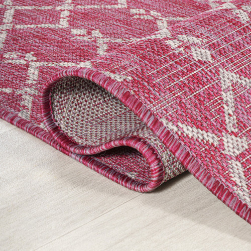 5' Fuchsia And Light Gray Square Trellis Indoor Outdoor Area Rug