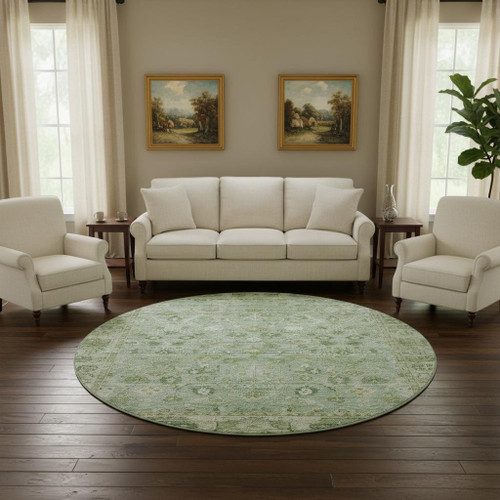 8' Artichoke Green And Ivory Oriental Washable Round Rug With UV Protection