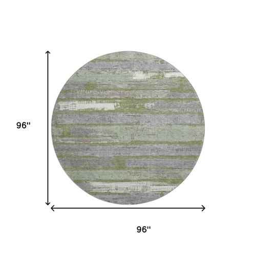 8' Olive Green Gray And Silver Striped Washable Round Rug With UV Protection