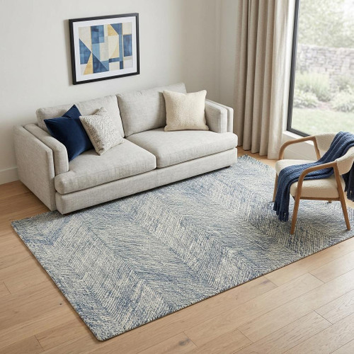 5' X 8' Navy Blue And Ivory Wool Chevron Hand Tufted Area Rug