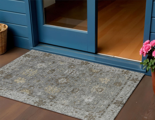 3' X 5' Pewter And Gold Floral Washable Indoor Outdoor Area Rug