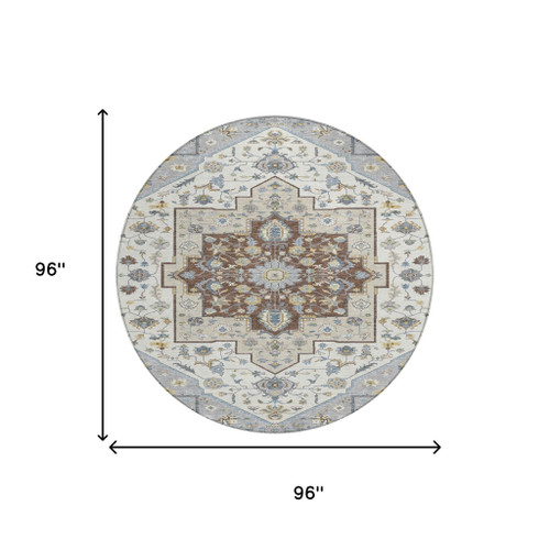 8' Gray And Ivory Round Floral Medallion Washable Indoor Outdoor Area Rug