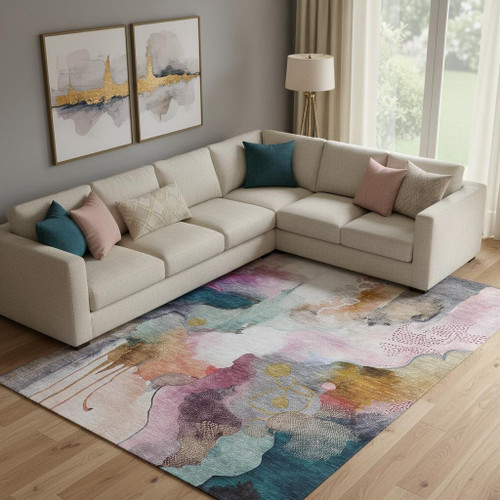 9' X 12' Blush And Ivory Abstract Washable Area Rug With UV Protection