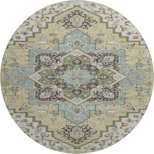 8' Beige Sage And Ivory Oriental Washable Round Rug With UV Protection