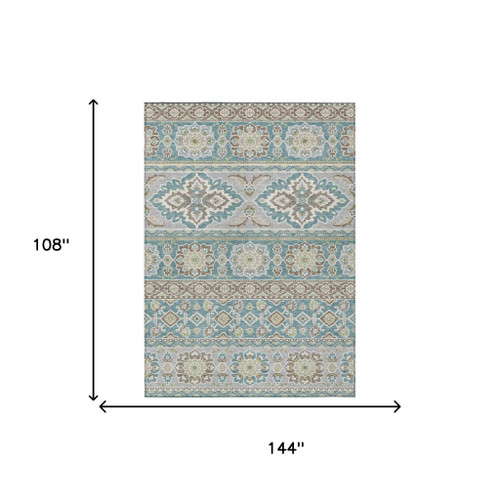 9' X 12' Teal Blue And Green Tribal Washable Indoor Outdoor Area Rug