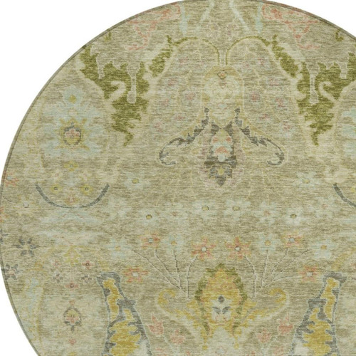 8' Khaki Gold And Beige Round Floral Washable Indoor Outdoor Area Rug