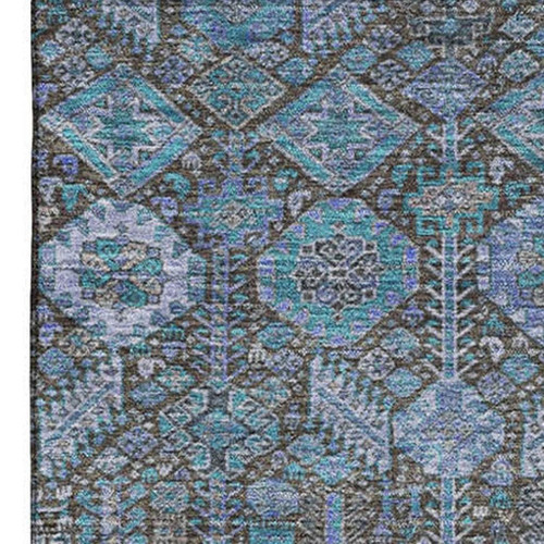9' X 12' Teal And Gray Tribal Washable Area Rug With UV Protection