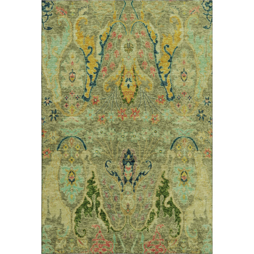 5' X 8' Green Blue And Gold Floral Washable Area Rug With UV Protection