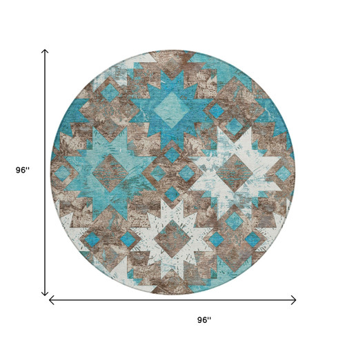 8' Teal Blue Brown And Ivory Round Aztec Washable Indoor Outdoor Area Rug
