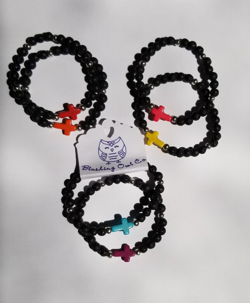 Lava Rock Bead Stretch Bracelet with Cross