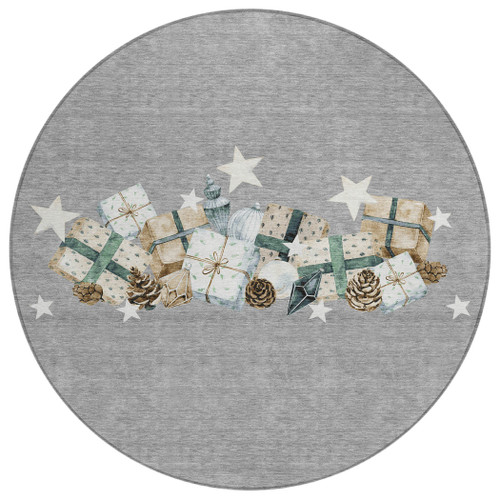 8' Gray Beige Ivory And Taupe Round Presents Washable Indoor Outdoor Area Rug