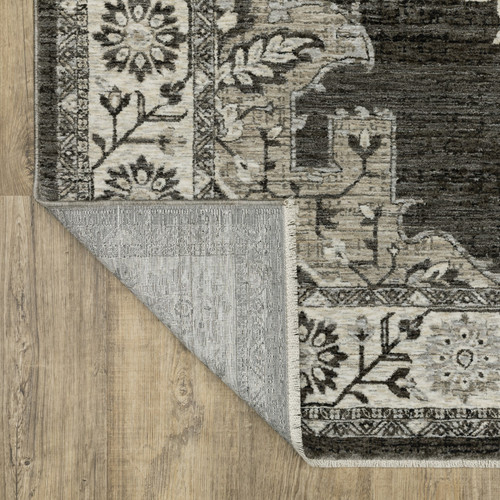 8' Gray And Beige Medallion Runner Rug With Fringe