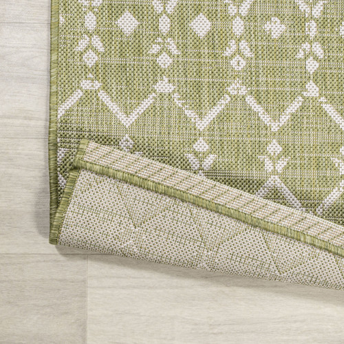 8' Light Green And Cream Trellis Indoor Outdoor Runner Rug