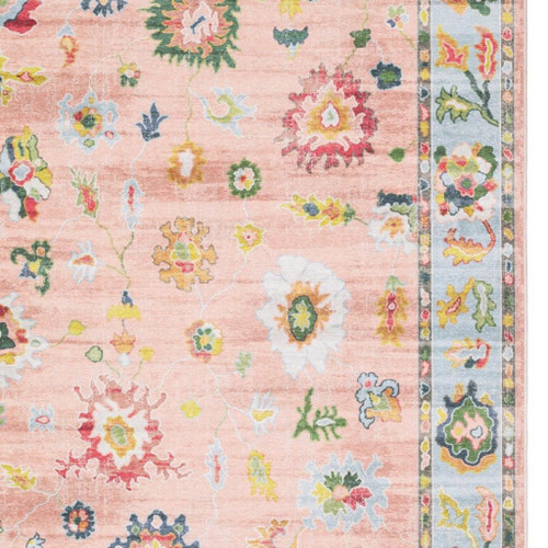 7' X 9' Pink And Blue Oriental Washable Area Rug