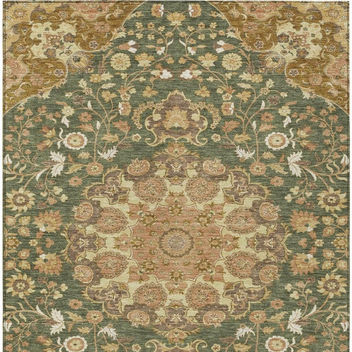 10' X 14' Olive Green And Green Damask Washable Indoor Outdoor Area Rug