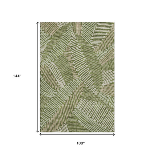 9' X 12' Olive Green Ivory And Beige Floral Washable Area Rug With UV Protection