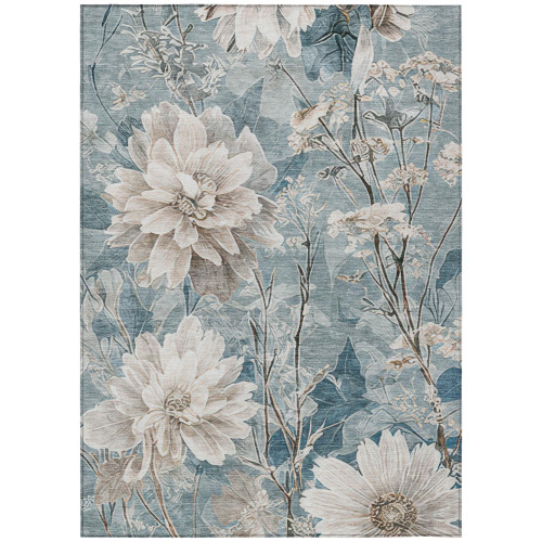 9' X 12' Teal Blue And Silver Floral Washable Indoor Outdoor Area Rug