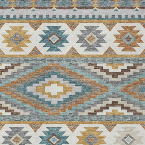 8' X 10' Gold And Teal Blue Southwestern Washable Indoor Outdoor Area Rug