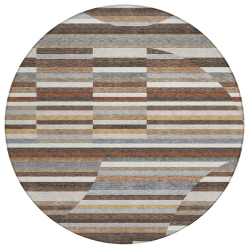 8' Brown And Gray Round Striped Washable Indoor Outdoor Area Rug