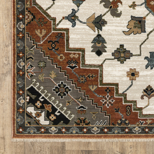 8' X 11' Rust Ivory And Black Medallion Area Rug With Fringe