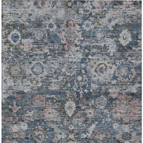 5' X 8' Denim Blue And Blue Floral Washable Indoor Outdoor Area Rug
