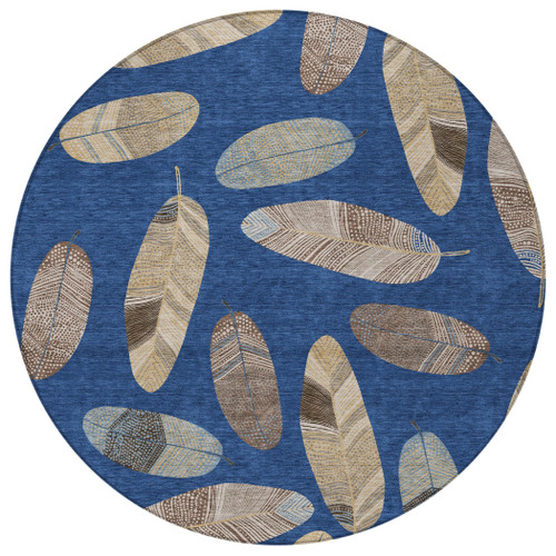8' Navy Blue And Brown Round Botanical Leaves Washable Indoor Outdoor Area Rug