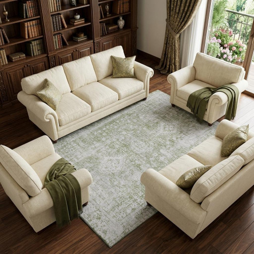 9' X 12' Artichoke Green And Ivory Oriental Washable Area Rug With UV Protection