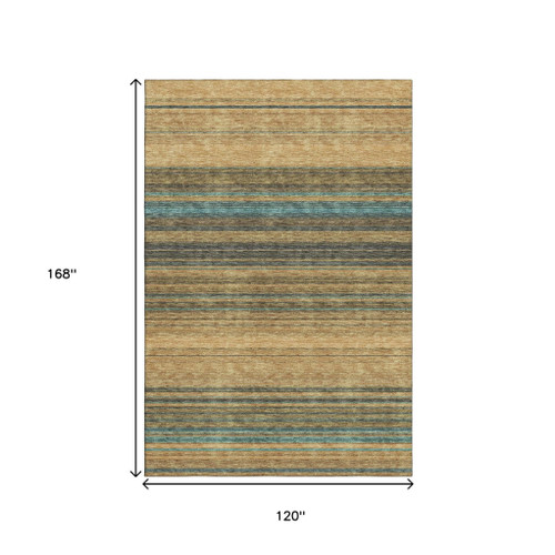 10' X 14' Wheat Teal And Brown Striped Washable Area Rug With UV Protection