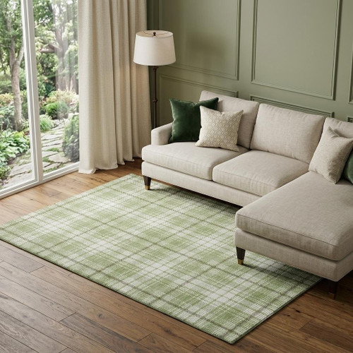 9' X 12' Artichoke Green And Ivory Plaid Washable Area Rug With UV Protection