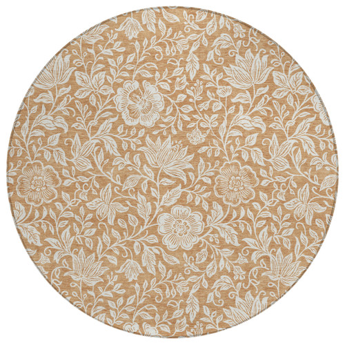 8' Copper And Ivory Round Floral Washable Indoor Outdoor Area Rug