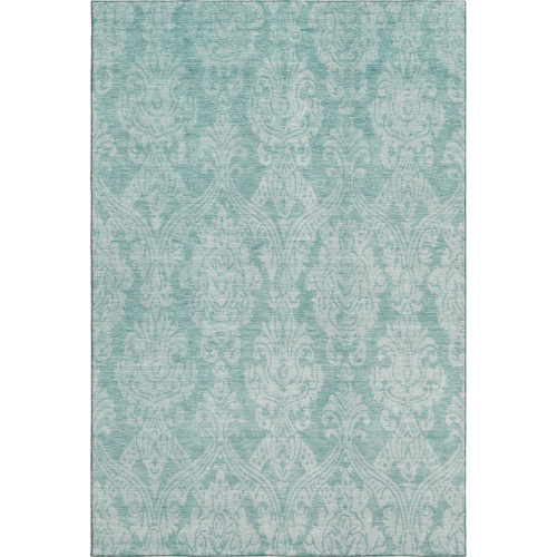 10' X 14' Aqua Teal And Ivory Damask Washable Area Rug With UV Protection