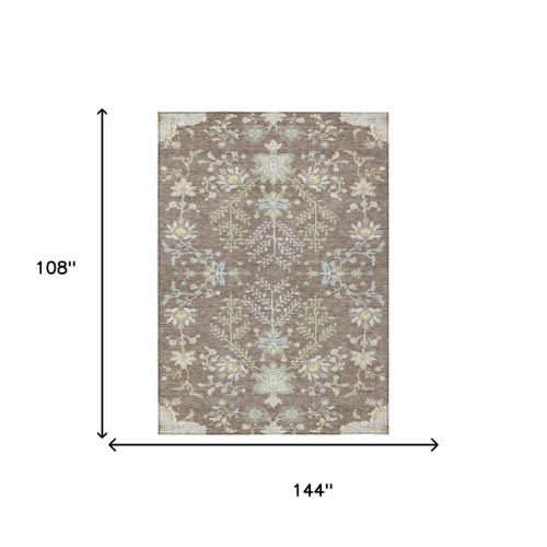 9' X 12' Taupe And Ivory Oriental Washable Indoor Outdoor Area Rug