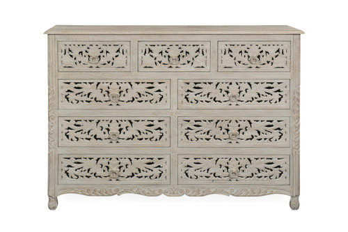 57" White Carved Floral Solid Wood Nine Drawer Dresser