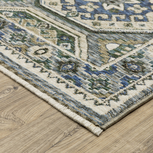 8' Ivory And Blue Medallion Runner Rug With Fringe