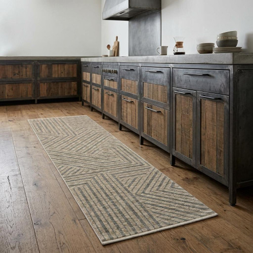 8' Beige And Gray Striped Runner Rug With Fringe