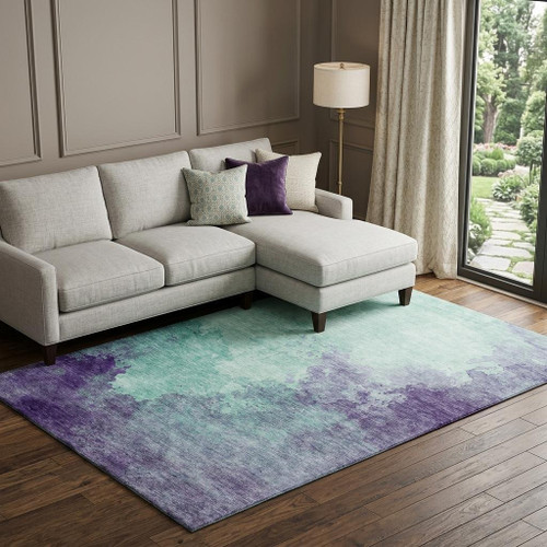 8' X 10' Aqua And Purple Abstract Washable Area Rug With UV Protection