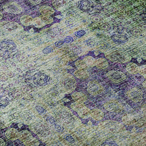 8' Purple Green And Ivory Floral Medallion Distressed Washable Round Rug With UV Protection