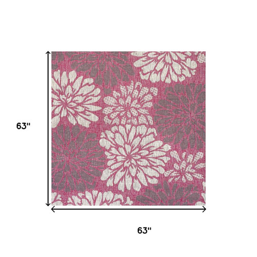 5' Fuchsia And Light Gray Square Floral Indoor Outdoor Area Rug