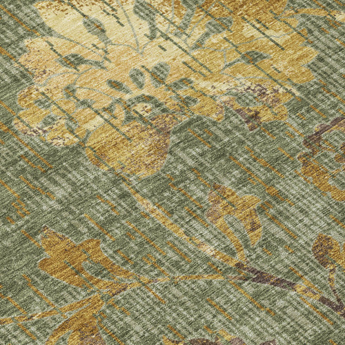 9' X 12' Olive Green And Green Floral Washable Indoor Outdoor Area Rug